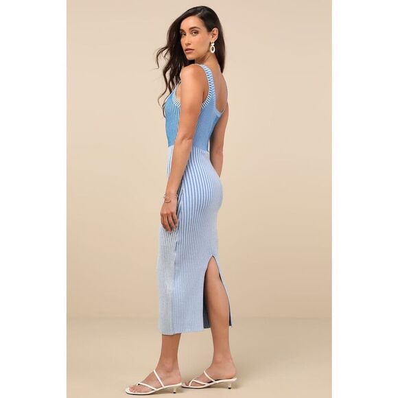 Lulus Radiant Personality Blue Color Block Ribbed Knit Midi Dress size XL NEW - Picture 4 of 13
